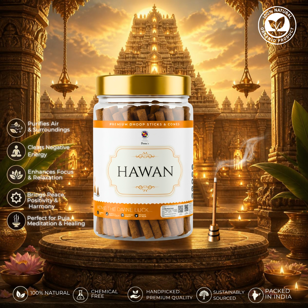 Hawan - Dhoop Stick Jar |Long-Lasting Aroma | Charcoal-Free Bambooless Dhoop batti | 4 Inch, 200g | Natural Fragrance for Puja & Meditation (Pack of 1, Hawan)