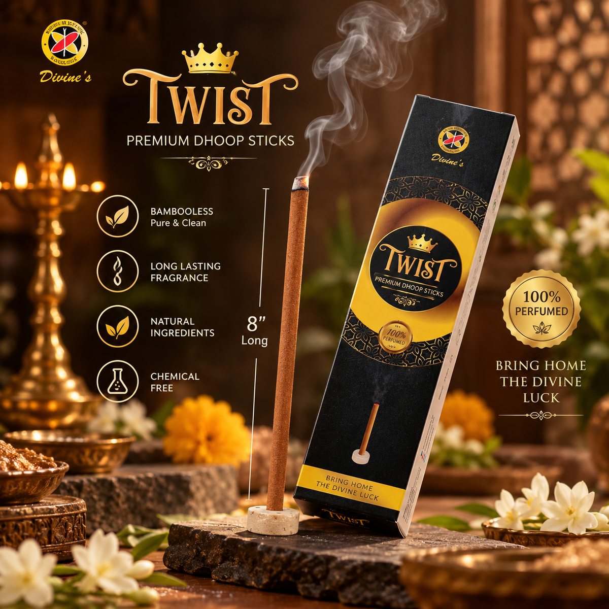 Divine's Twist Premium 8-Inch Bambooless Dhoop Sticks | Buy 3 Get 3 Free | 1 PACK FOR 160