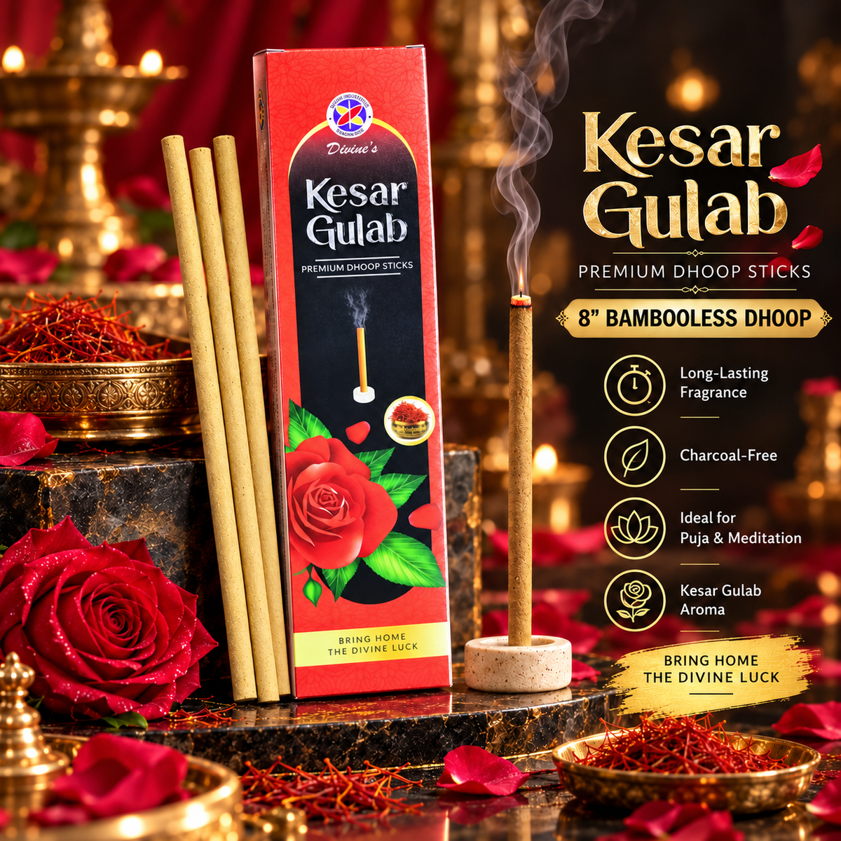 Divine's Kesar Gulab Premium 8-Inch Bambooless Dhoop Sticks | Saffron & Rose Fragrance | Buy 3 Get 3 Free