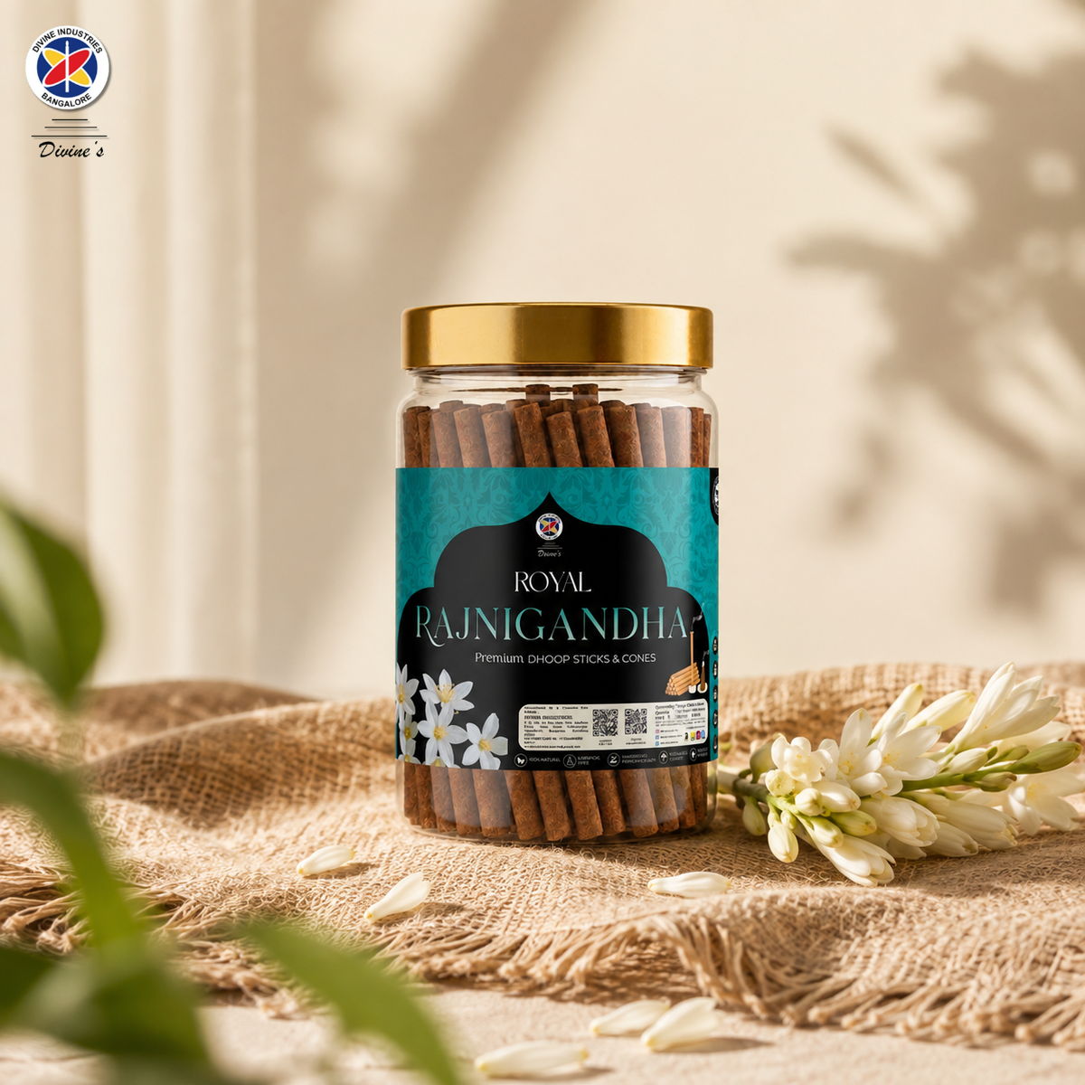 Rajnigandha Dhoop Stick Jar | Long-Lasting Aroma | Charcoal-Free Bambooless Dhoop Batti | 4 Inch, 200g | For Puja & Meditation (Pack of 1, Rajnigandha)