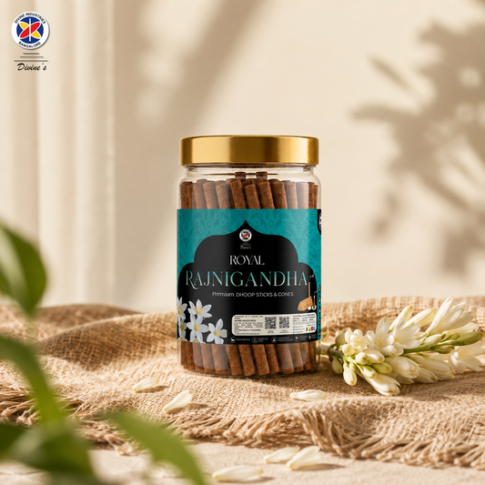 Rajnigandha Dhoop Stick Jar | Long-Lasting Aroma | Charcoal-Free Bambooless Dhoop Batti | 4 Inch, 200g | For Puja & Meditation (Pack of 1, Rajnigandha)