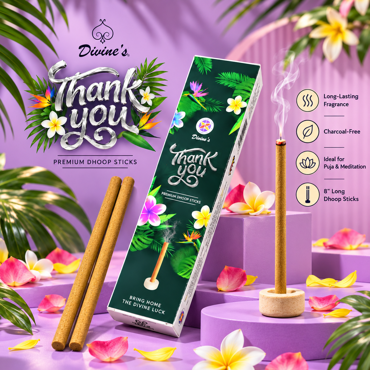 Divine's Thank You Premium 8-Inch Bambooless Dhoop Sticks | Long-Lasting Fragrance | Buy 3 Get 3 Free