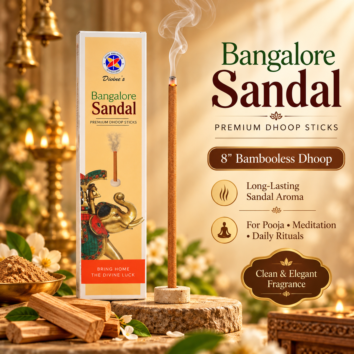 Divine's Bangalore Sandal Premium 8-Inch Bambooless Dhoop Sticks | Sandalwood Fragrance | Buy 3 Get 3 Free (Pack of 1 for ₹160))