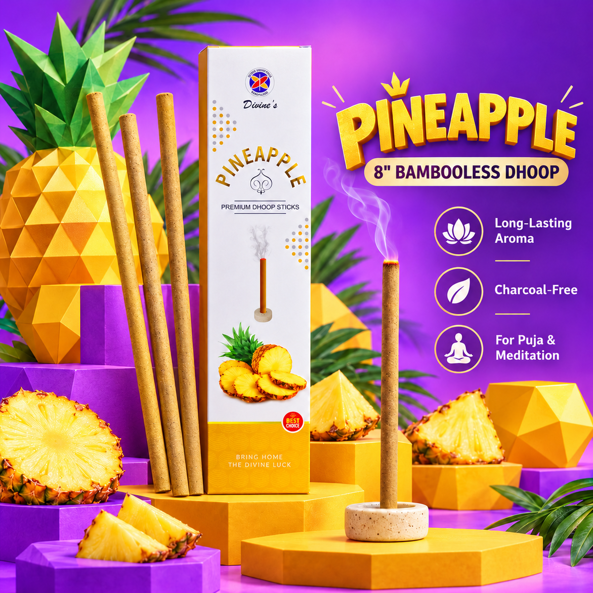 Divine's Pineapple Premium 8-Inch Bambooless Dhoop Sticks | Buy 3 Get 3 Free | Long-Lasting Fruity Aroma