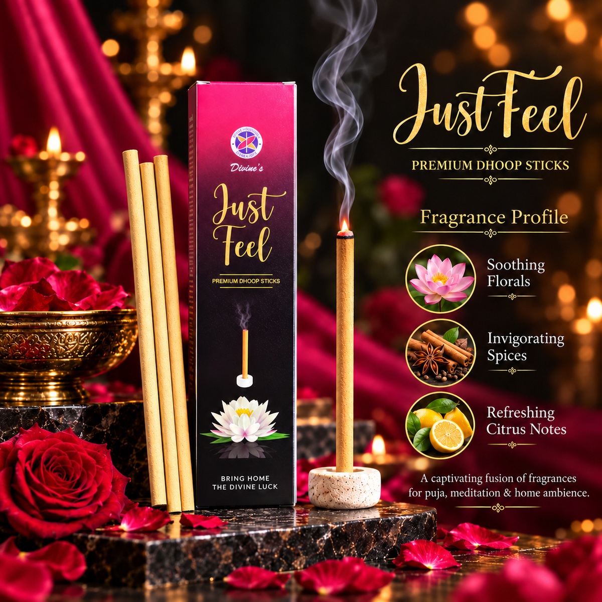 Divine's Just Feel Premium 8-Inch Bambooless Dhoop Sticks | Floral, Spicy & Citrus Fragrance | Buy 3 Get 3 Free