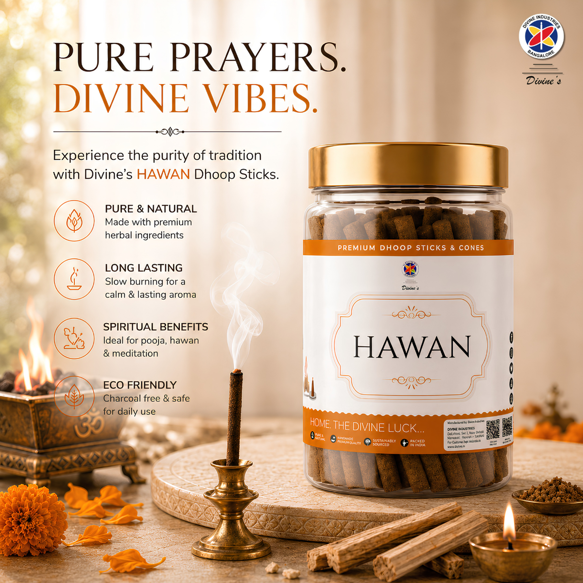 Hawan - Dhoop Stick Jar |Long-Lasting Aroma | Charcoal-Free Bambooless Dhoop batti | 4 Inch, 200g | Natural Fragrance for Puja & Meditation (Pack of 1, Hawan)