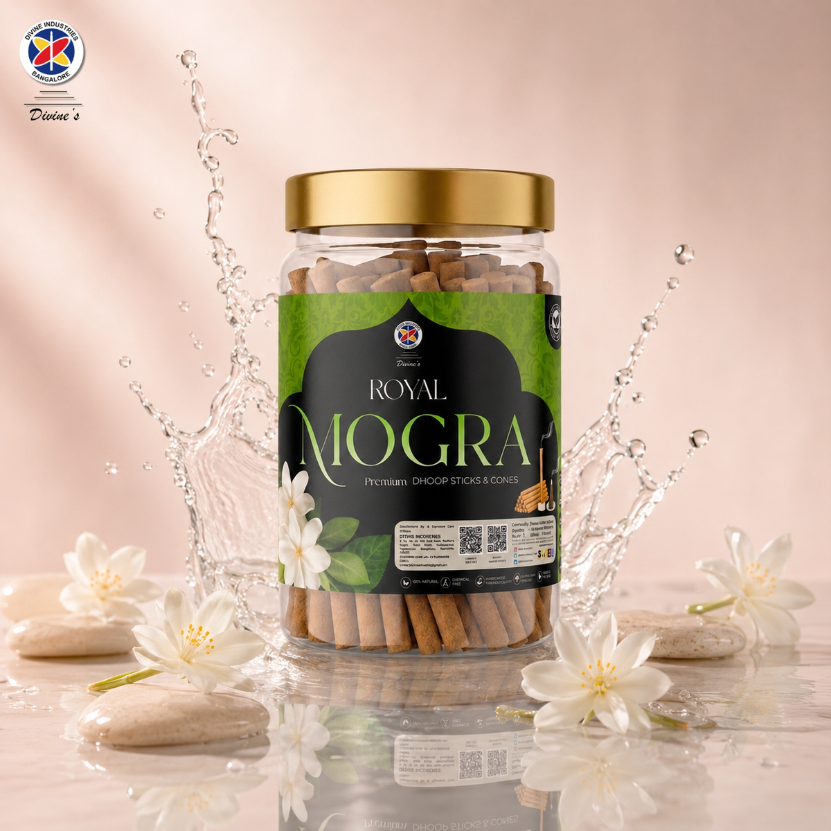 Royal Mogra Dhoop Stick Jar | Long-Lasting Floral Aroma | Charcoal-Free Bambooless Dhoop Batti | 4 Inch, 200g | For Puja & Meditation (Pack of 1, Mogra)