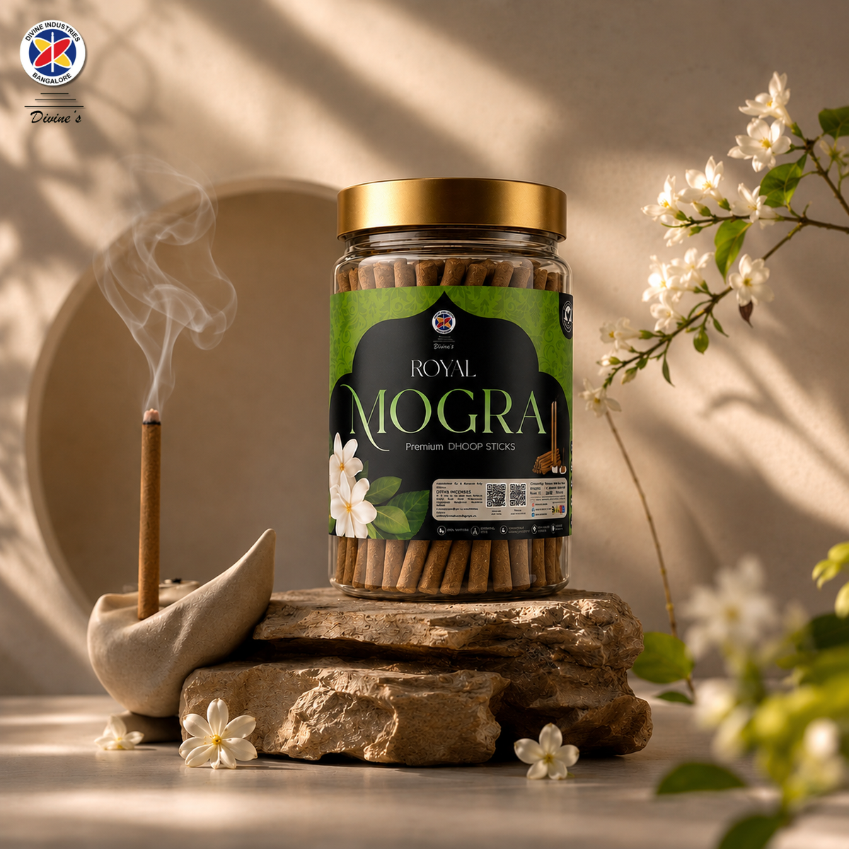 Royal Mogra Dhoop Stick Jar | Long-Lasting Floral Aroma | Charcoal-Free Bambooless Dhoop Batti | 4 Inch, 200g | For Puja & Meditation (Pack of 1, Mogra)