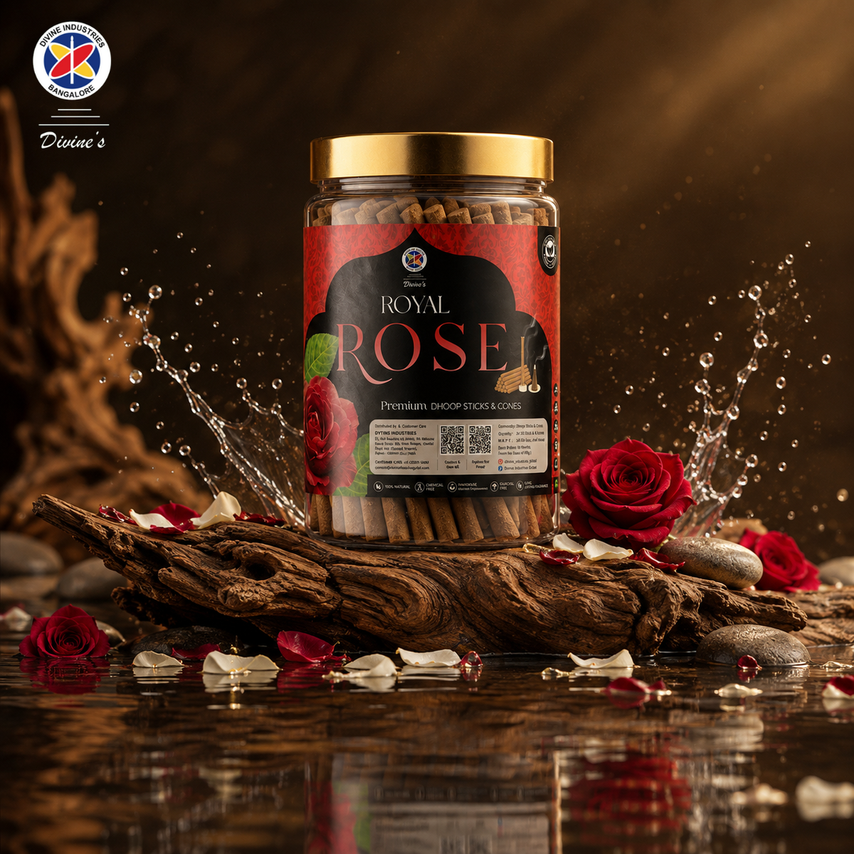 Royal Rose Dhoop Stick Jar | Long-Lasting Aroma | Charcoal-Free Bambooless Dhoop Batti | 4 Inch, 200g | For Puja & Meditation (Pack of 1, Royal Rose)Meditation (Pack of 1, Hawan)