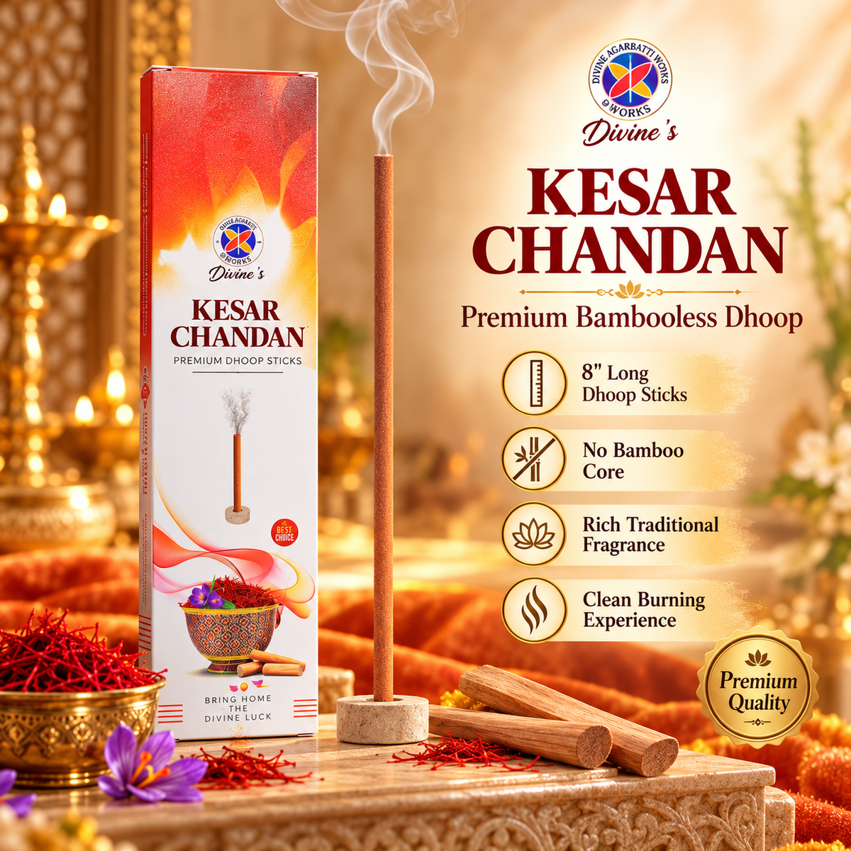 Divine's Kesar Chandan Premium 8-Inch Bambooless Dhoop Sticks | Saffron & Sandalwood Fragrance | Buy 3 Get 3 Free (6 Packs)