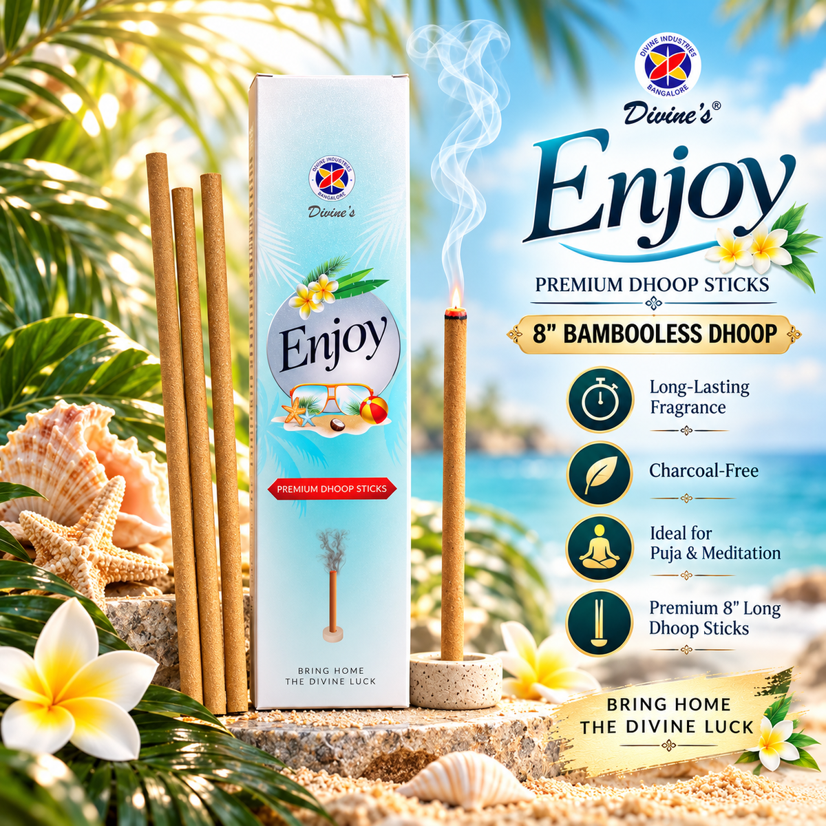 Divine's Enjoy Premium 8-Inch Bambooless Dhoop Sticks | Refreshing Fragrance | Buy 3 Get 3 Free